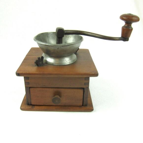 Antique Coffee Grinder Hand Crank Wood Box w/ Drawer Dovetail Joints & Metal Top